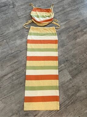 Sabo Skirt 100% CottonStriped Two-Piece Maxi Crop Top Set w/adjustable ties Sz S